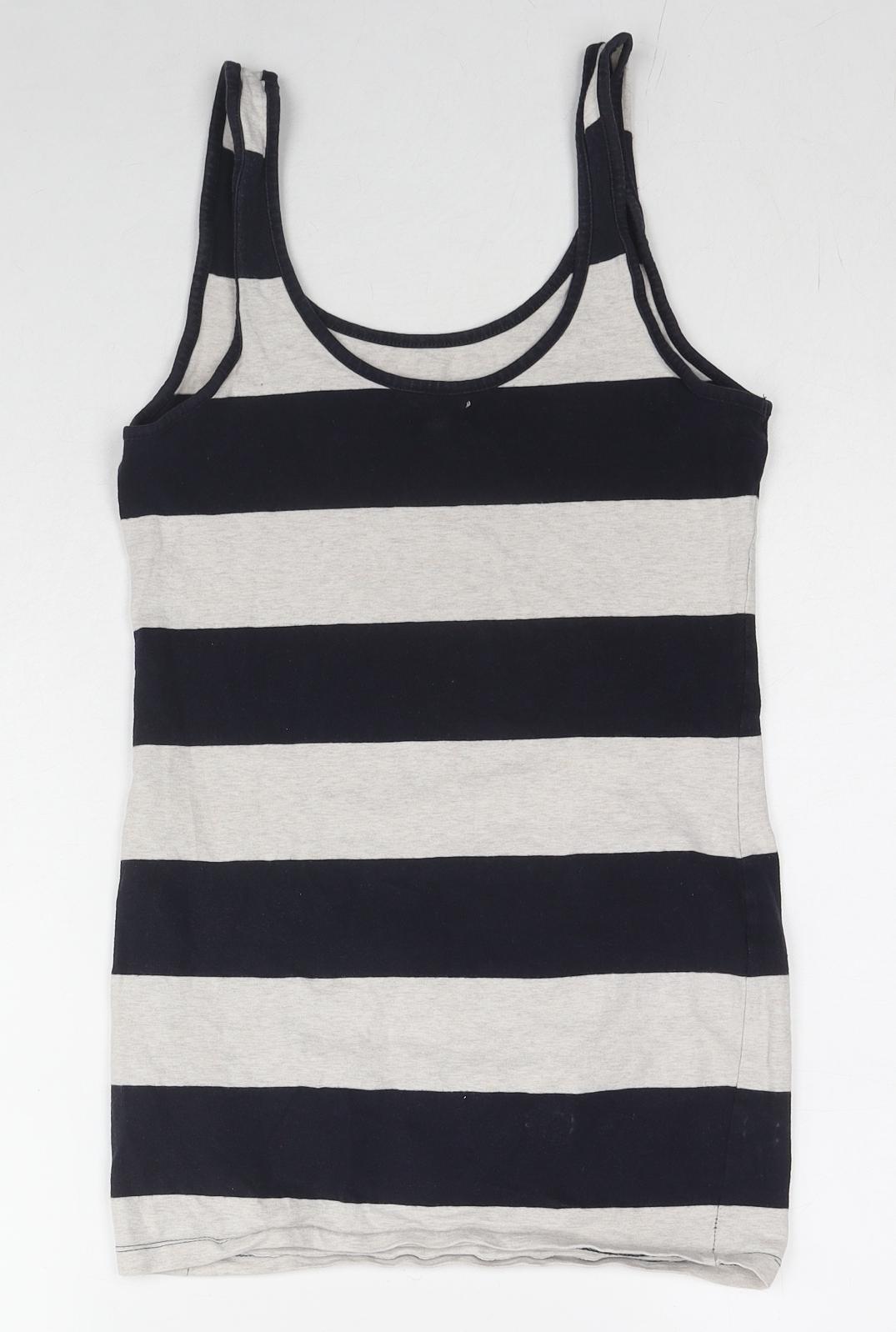 New Look Womens Black Striped Cotton Basic Tank Size 10 Scoop Neck