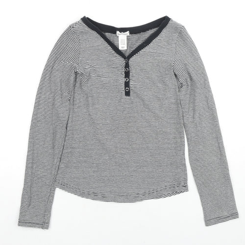 H&M Girls Black Striped Cotton Basic T-Shirt Size 13-14 Years V-Neck Pullover