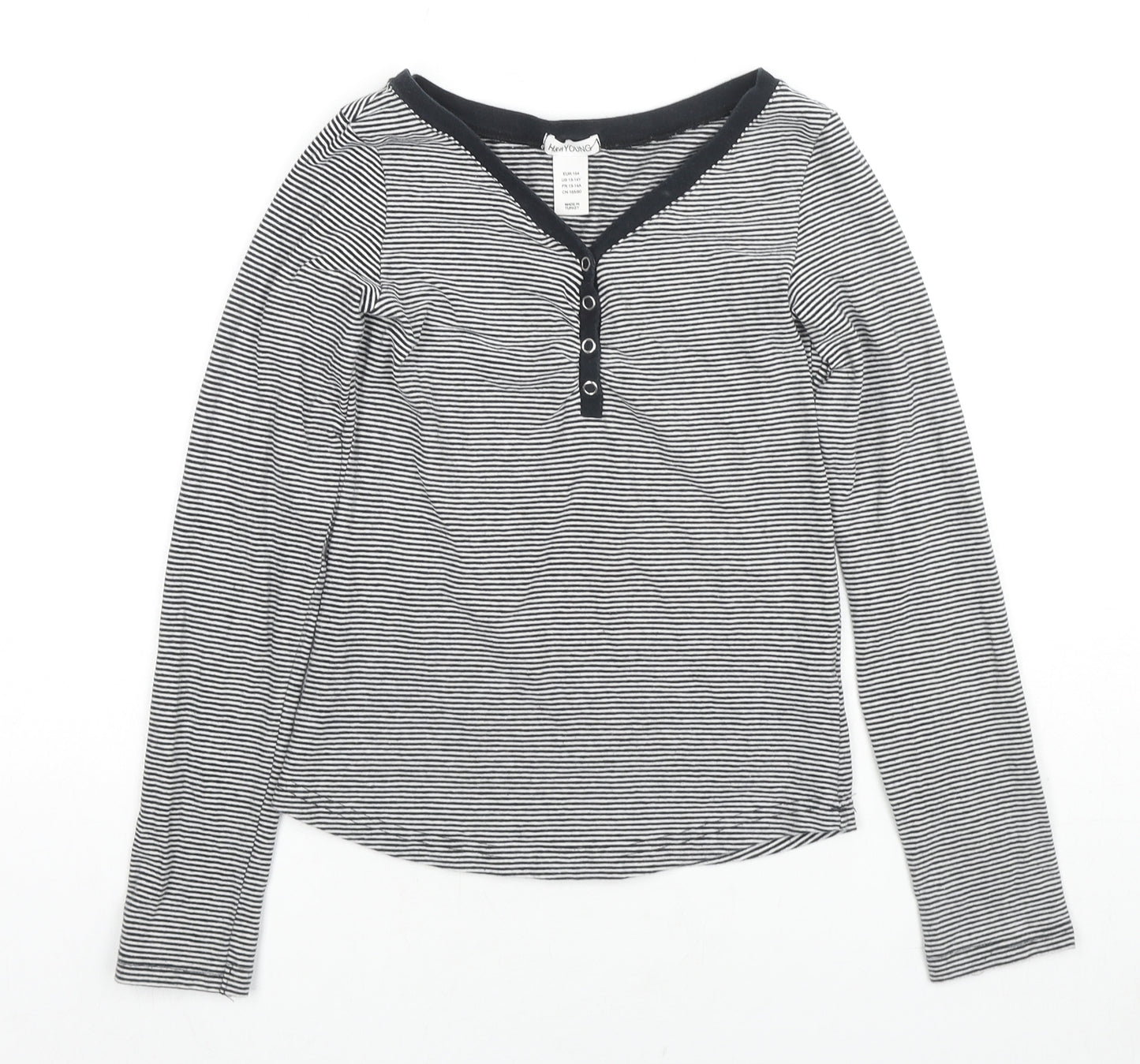H&M Girls Black Striped Cotton Basic T-Shirt Size 13-14 Years V-Neck Pullover