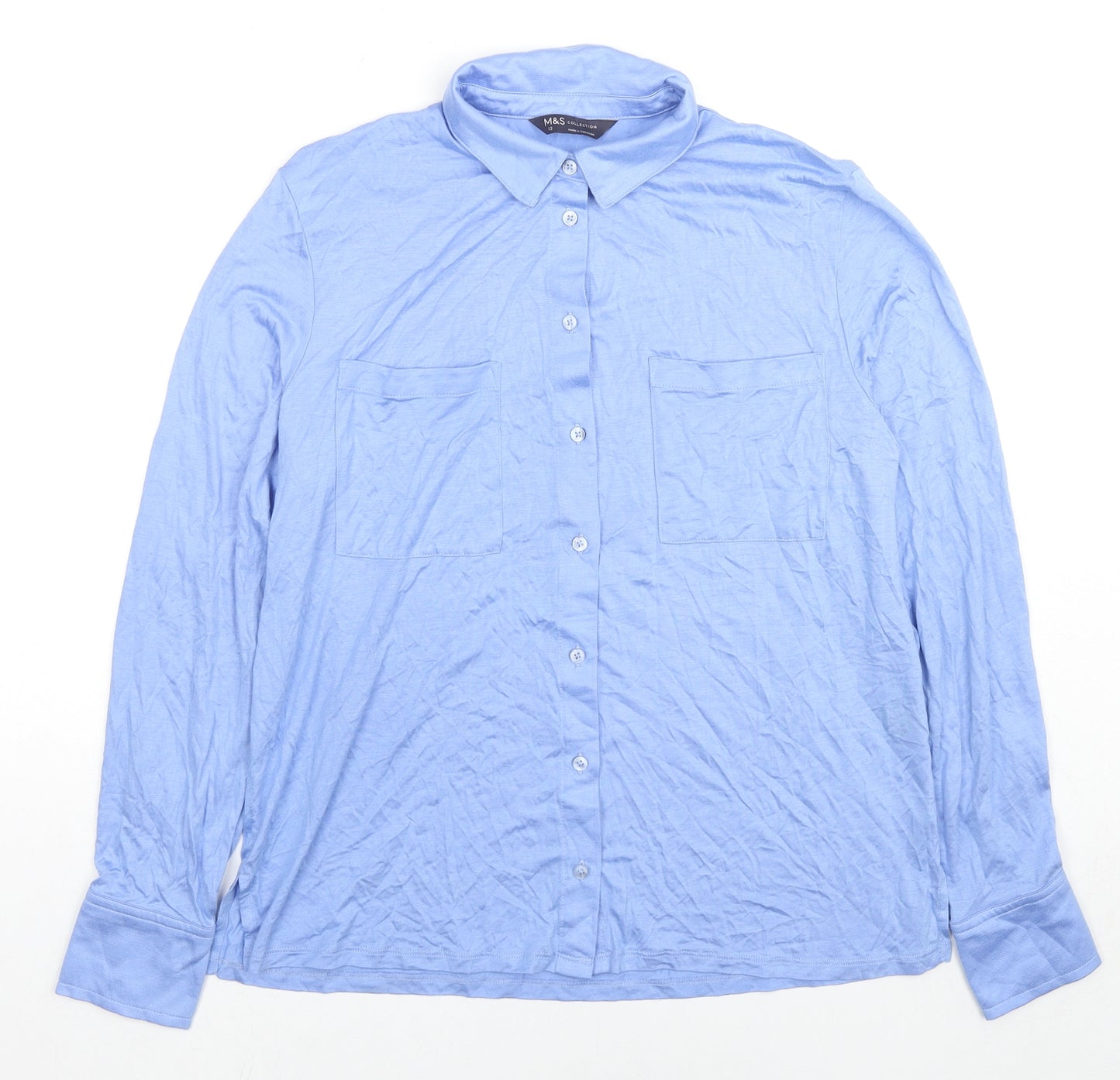 Marks and Spencer Womens Blue Viscose Basic Button-Up Size 12 Collared