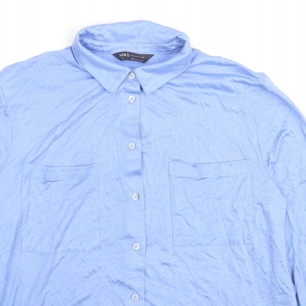 Marks and Spencer Womens Blue Viscose Basic Button-Up Size 12 Collared