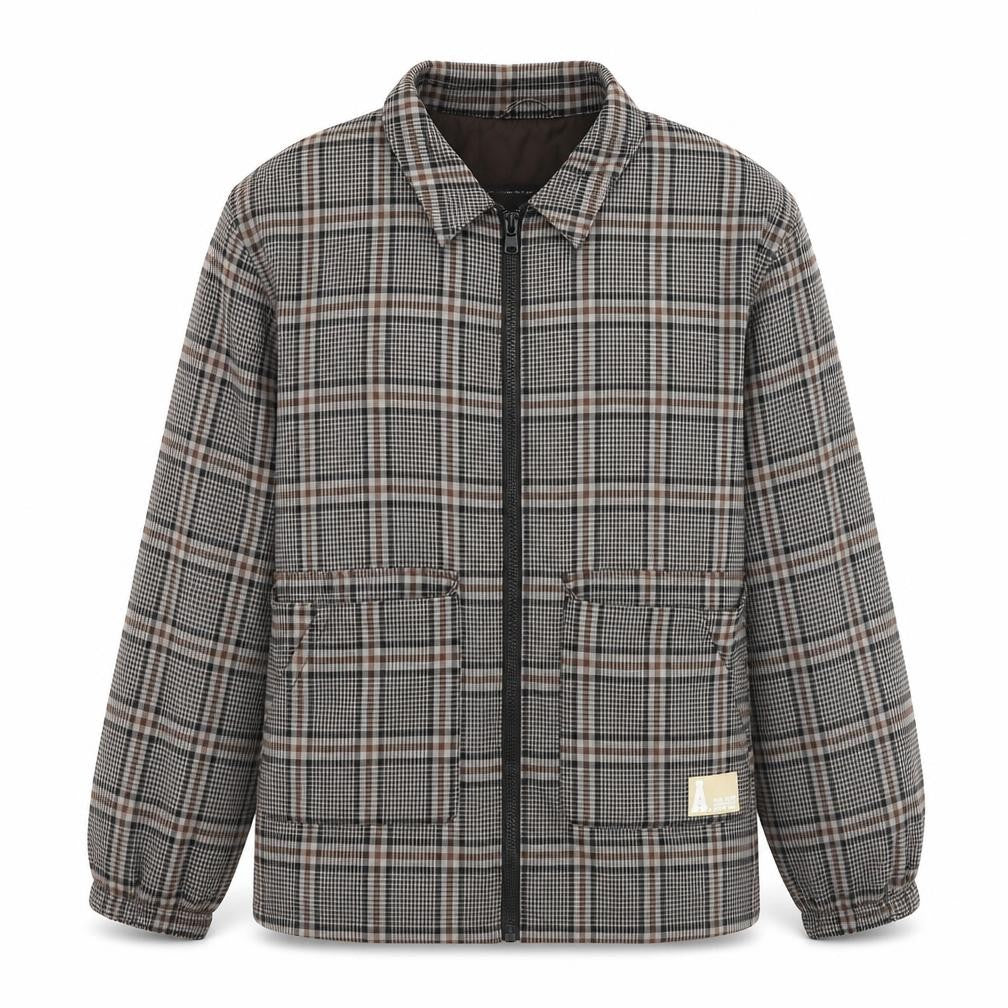 Front view of ASOS women’s grey plaid jacket, size L, zip