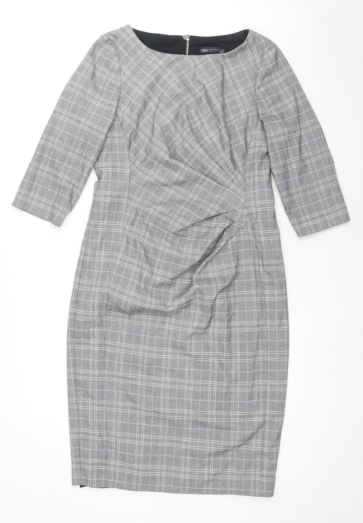 Marks and Spencer Womens Grey Plaid Polyester Shift Size 14 Round Neck Zip