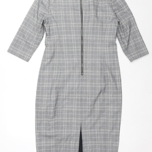 Marks and Spencer Womens Grey Plaid Polyester Shift Size 14 Round Neck Zip