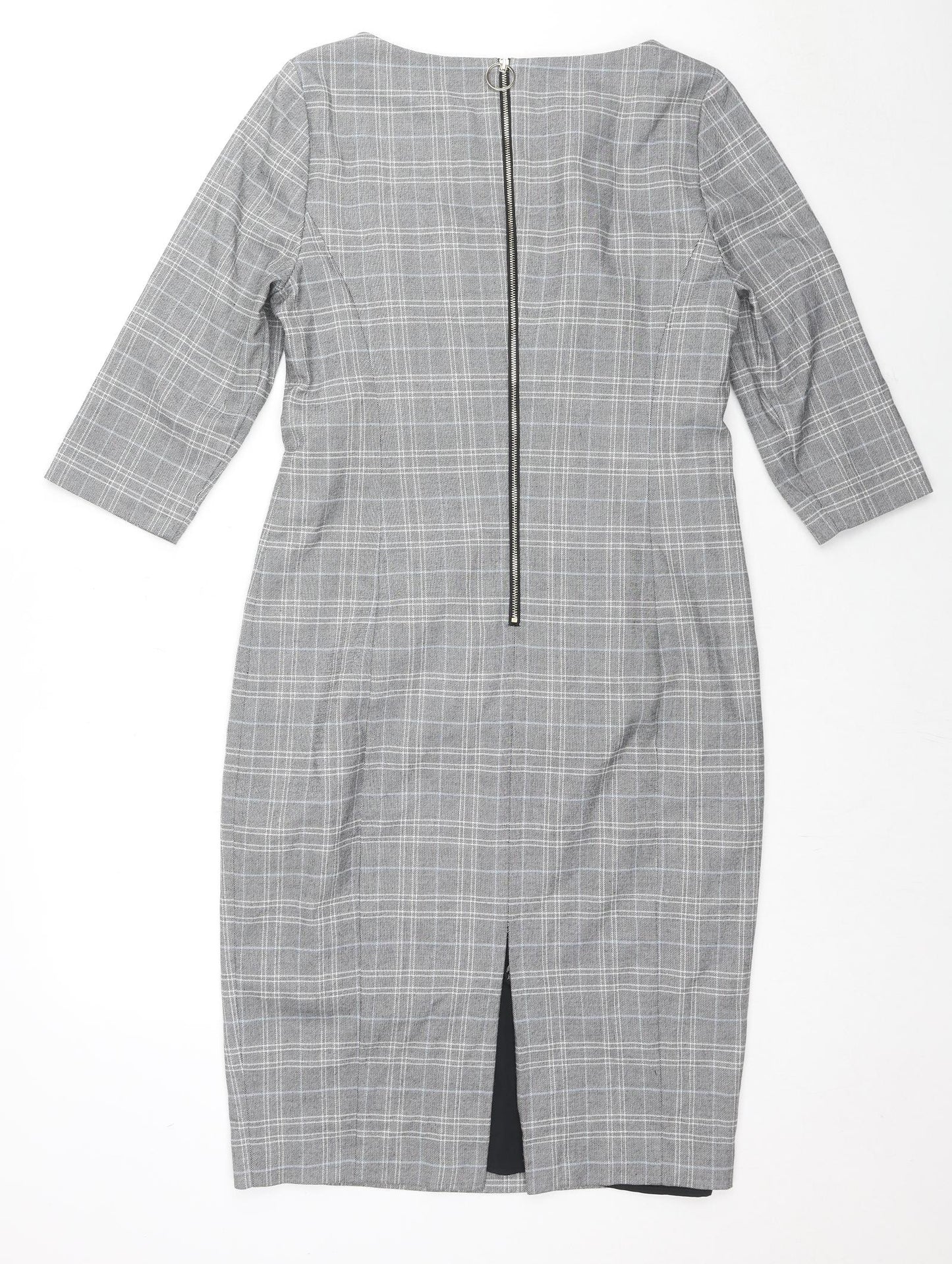 Marks and Spencer Womens Grey Plaid Polyester Shift Size 14 Round Neck Zip