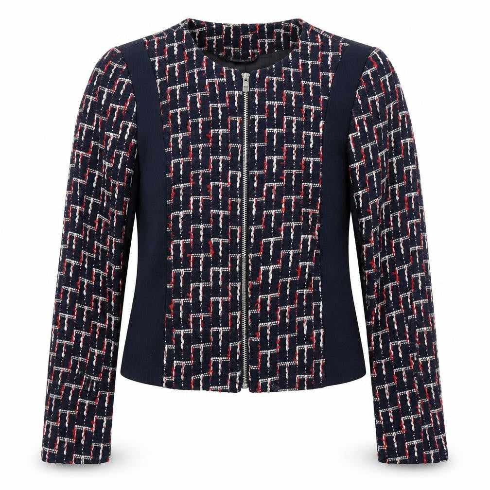 Front view of H&M women’s blue geometric jacket, size UK 4, zip