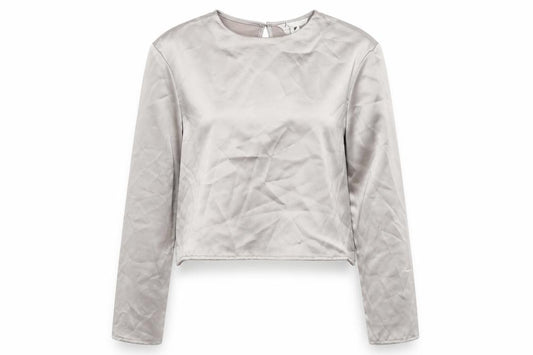Front view of H&M women’s beige polyester basic blouse, size XS, round neck
