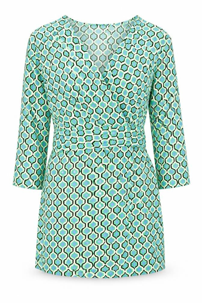 Front view of Zara women’s multicoloured geometric polyester mini, size S, v-neck zip