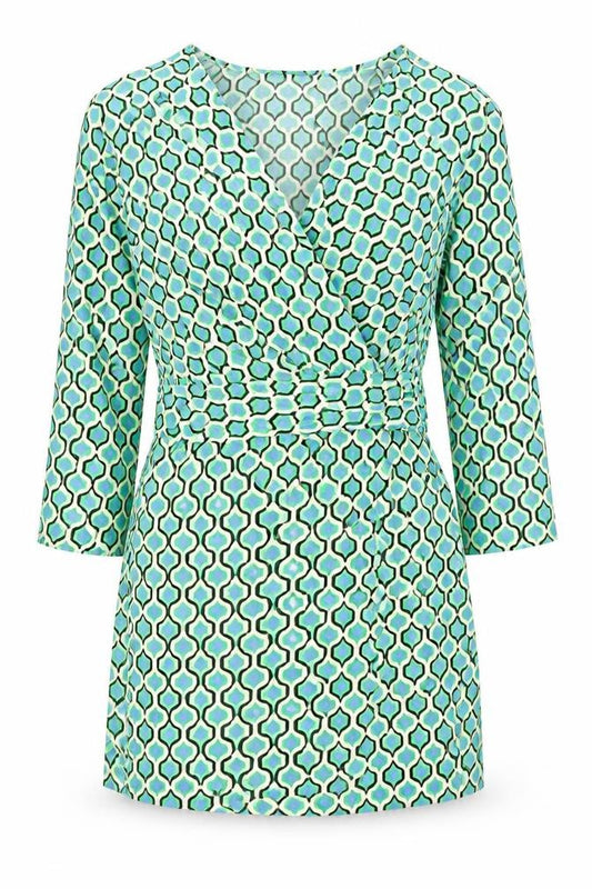 Front view of Zara women’s multicoloured geometric polyester mini, size S, v-neck zip