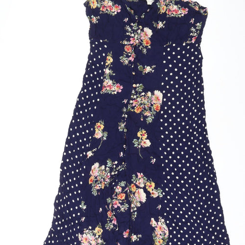 Earth Angel Womens Blue Floral Viscose Slip Dress Size M V-Neck Button