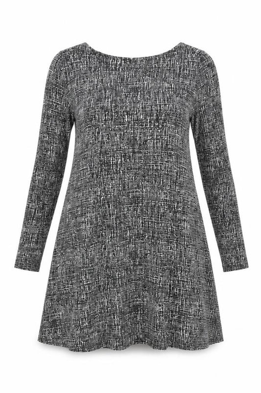 Front view of Marks & Spencer women’s multicoloured geometric viscose a-line, size UK 12, boat neck pullover