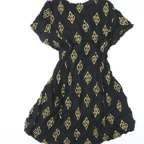 Pachamama Womens Black Geometric Rayon A-Line Size M V-Neck Button