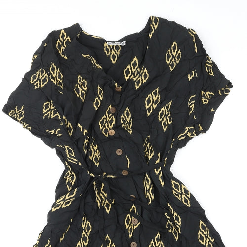 Pachamama Womens Black Geometric Rayon A-Line Size M V-Neck Button