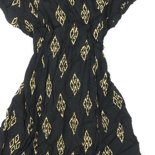 Pachamama Womens Black Geometric Rayon A-Line Size M V-Neck Button