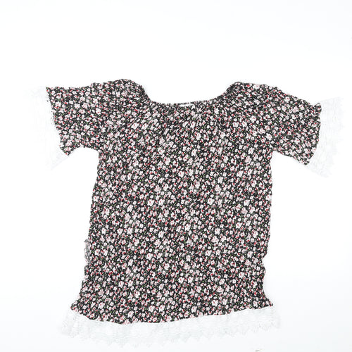 Meina Womens Multicoloured Floral Cotton Basic Blouse Size M Boat Neck - Crocheted Lace Trim