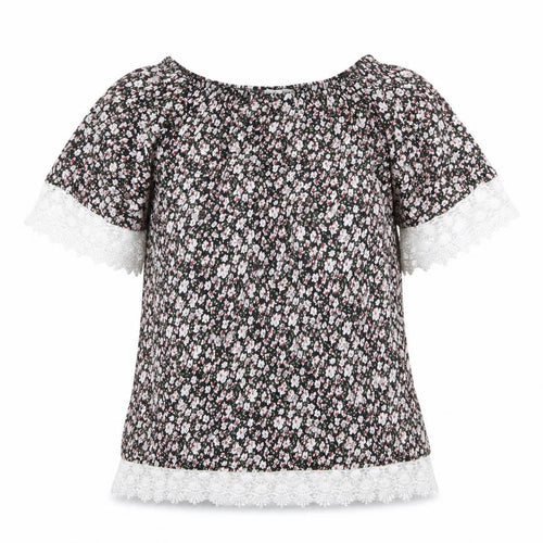 Meina Womens Multicoloured Floral Cotton Basic Blouse Size M Boat Neck - Crocheted Lace Trim