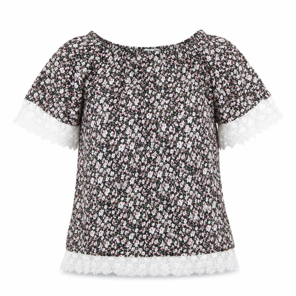 Meina Womens Multicoloured Floral Cotton Basic Blouse Size M Boat Neck - Crocheted Lace Trim