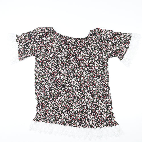 Meina Womens Multicoloured Floral Cotton Basic Blouse Size M Boat Neck - Crocheted Lace Trim