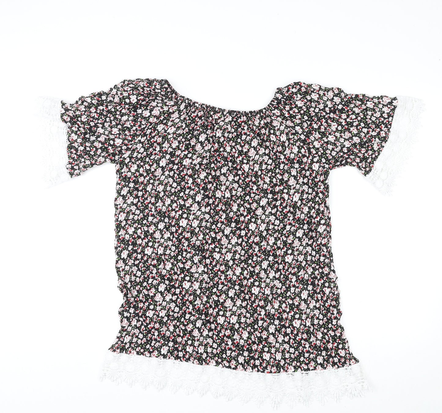 Meina Womens Multicoloured Floral Cotton Basic Blouse Size M Boat Neck - Crocheted Lace Trim