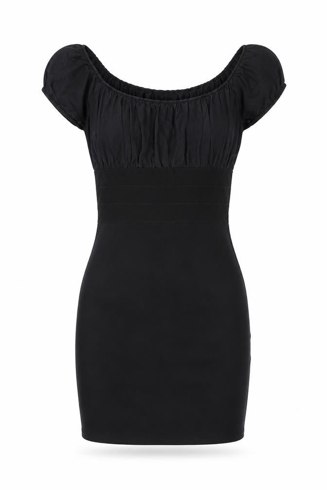 Front view of Studio M women’s black silk mini, size XS, round neck pullover