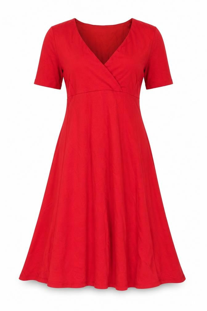Front view of Country Casuals women’s red viscose a-line, size S, v-neck pullover