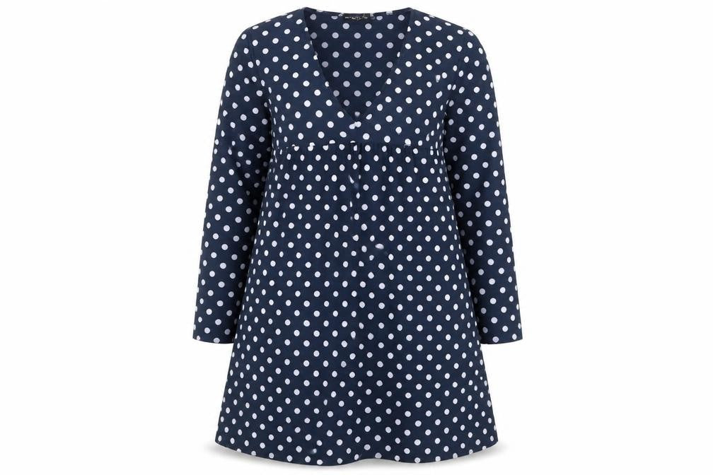 Front view of PRETTYLITTLETHING women’s blue polka dot polyester a-line, size UK 10, v-neck pullover