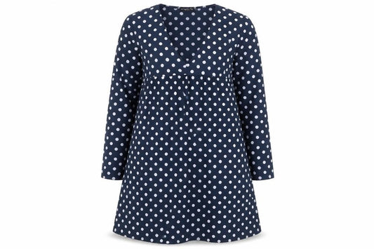Front view of PRETTYLITTLETHING women’s blue polka dot polyester a-line, size UK 10, v-neck pullover