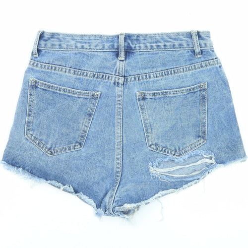 PRETTYLITTLETHING Womens Blue Cotton Cut-Off Shorts Size 8 Regular Zip - Distressed look