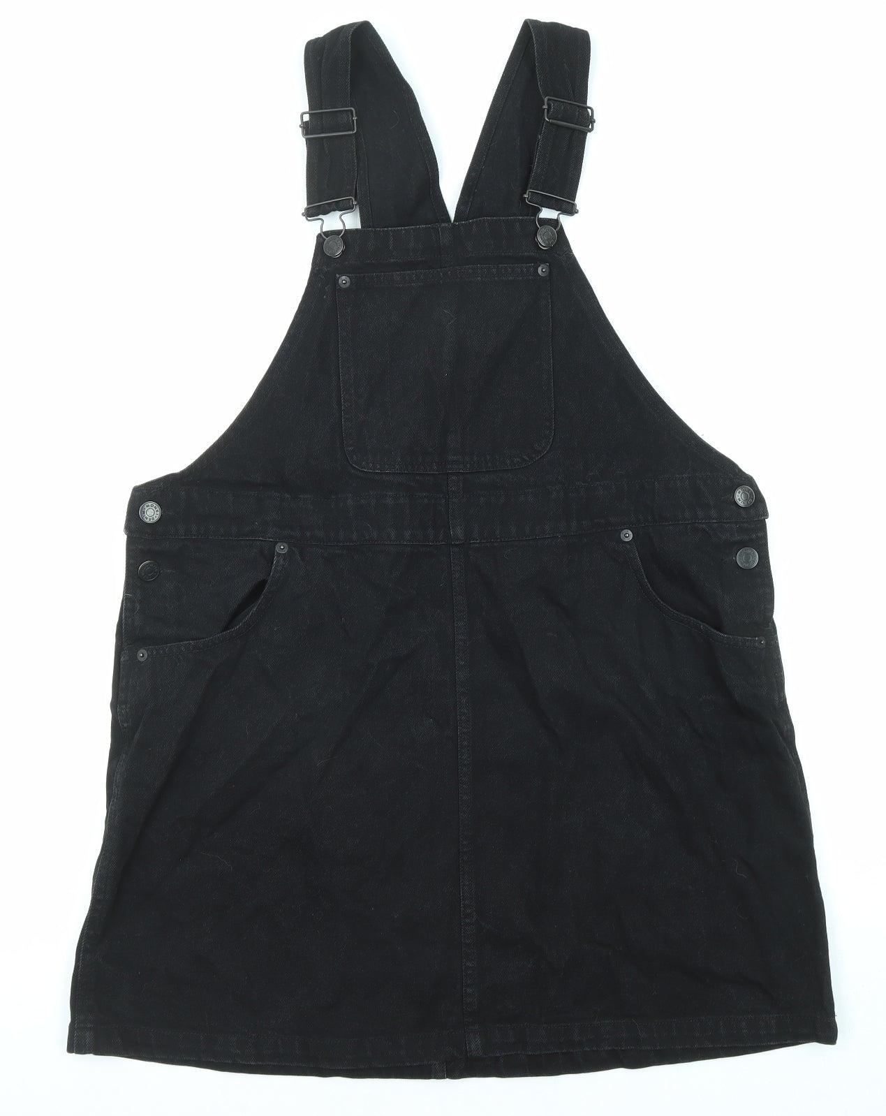 Monki Womens Black Cotton Pinafore/Dungaree Dress Size L Square Neck Button