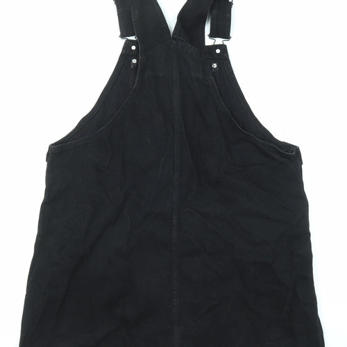 Monki Womens Black Cotton Pinafore/Dungaree Dress Size L Square Neck Button