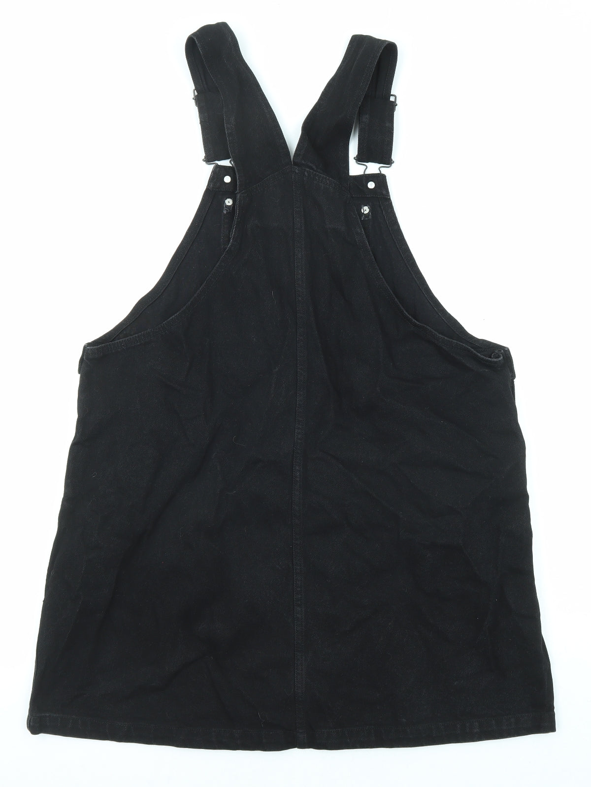 Monki Womens Black Cotton Pinafore/Dungaree Dress Size L Square Neck Button
