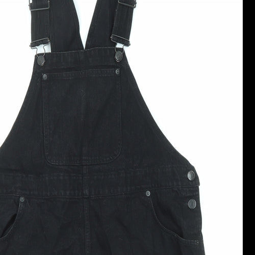 Monki Womens Black Cotton Pinafore/Dungaree Dress Size L Square Neck Button
