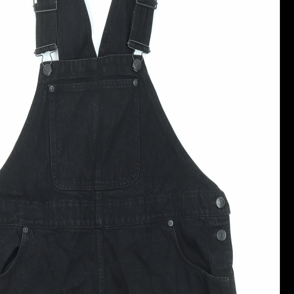 Monki Womens Black Cotton Pinafore/Dungaree Dress Size L Square Neck Button