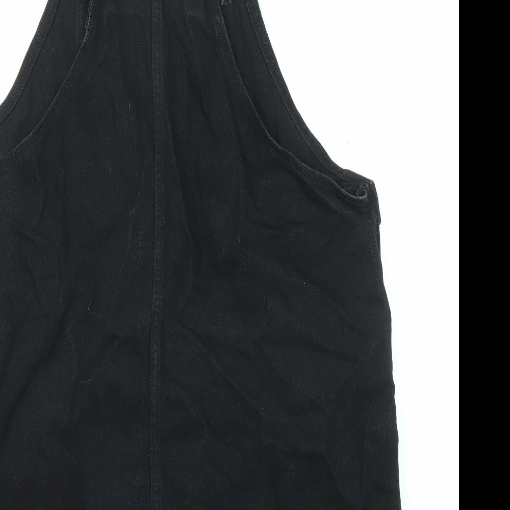 Monki Womens Black Cotton Pinafore/Dungaree Dress Size L Square Neck Button