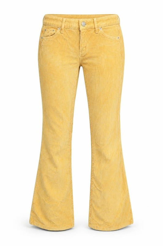Front view of BDG women’s yellow cotton trousers, size UK 26, in, 32-inch leg regular zip