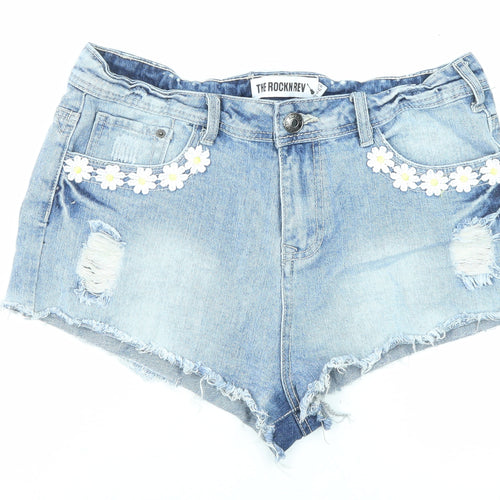 The Rockn Rev Womens Blue Cotton Cut-Off Shorts Size 14 Regular Zip - Floral Embroidery, Distressed Denim