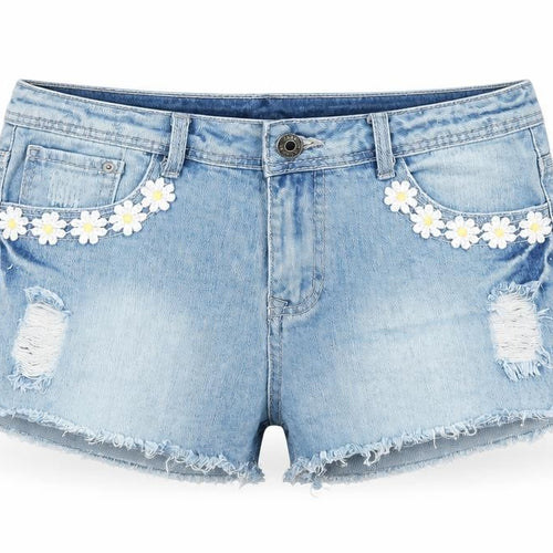 The Rockn Rev Womens Blue Cotton Cut-Off Shorts Size 14 Regular Zip - Floral Embroidery, Distressed Denim