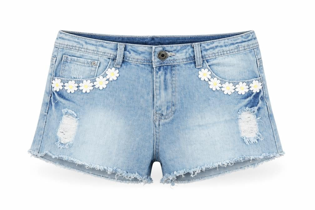 The Rockn Rev Womens Blue Cotton Cut-Off Shorts Size 14 Regular Zip - Floral Embroidery, Distressed Denim