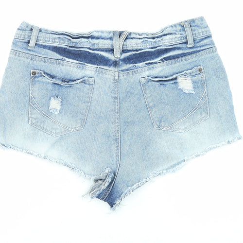 The Rockn Rev Womens Blue Cotton Cut-Off Shorts Size 14 Regular Zip - Floral Embroidery, Distressed Denim