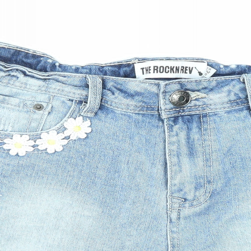 The Rockn Rev Womens Blue Cotton Cut-Off Shorts Size 14 Regular Zip - Floral Embroidery, Distressed Denim