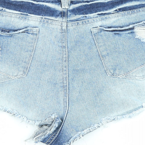 The Rockn Rev Womens Blue Cotton Cut-Off Shorts Size 14 Regular Zip - Floral Embroidery, Distressed Denim