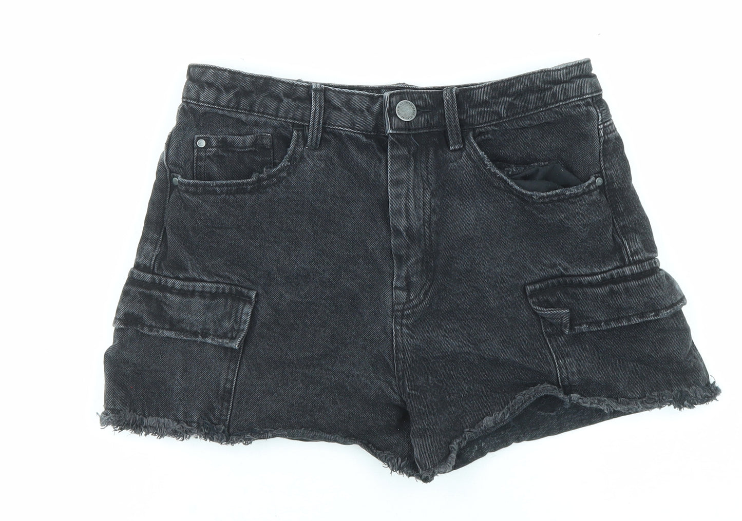 Stradivarius Womens Black Cotton Cut-Off Shorts Size 10 Regular Zip