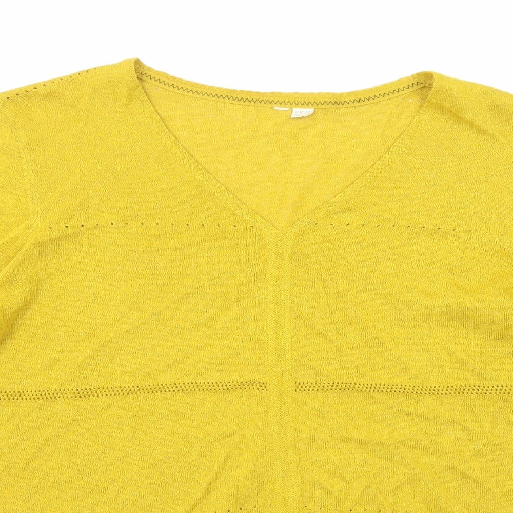 White Stuff Womens Yellow Linen Basic T-Shirt Size 14 V-Neck