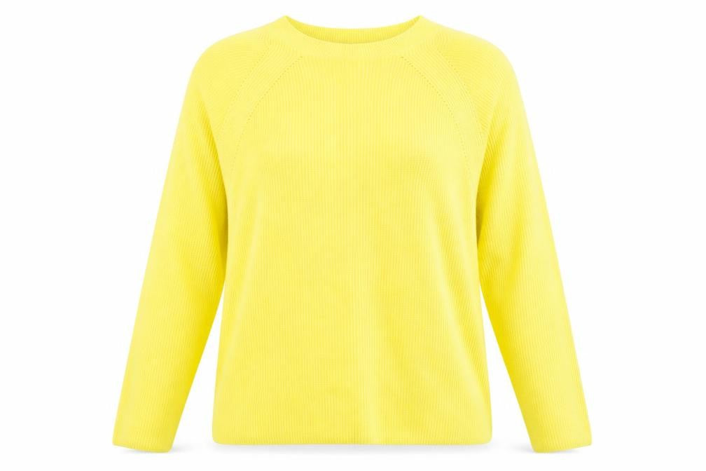 Front view of Marks & Spencer women’s yellow mock neck viscose jumper, size M, - ribbed