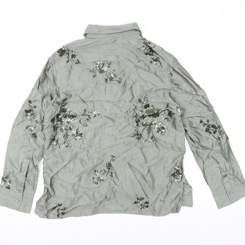 Zara Womens Green Viscose Basic Button-Up Size S Collared - Embellished
