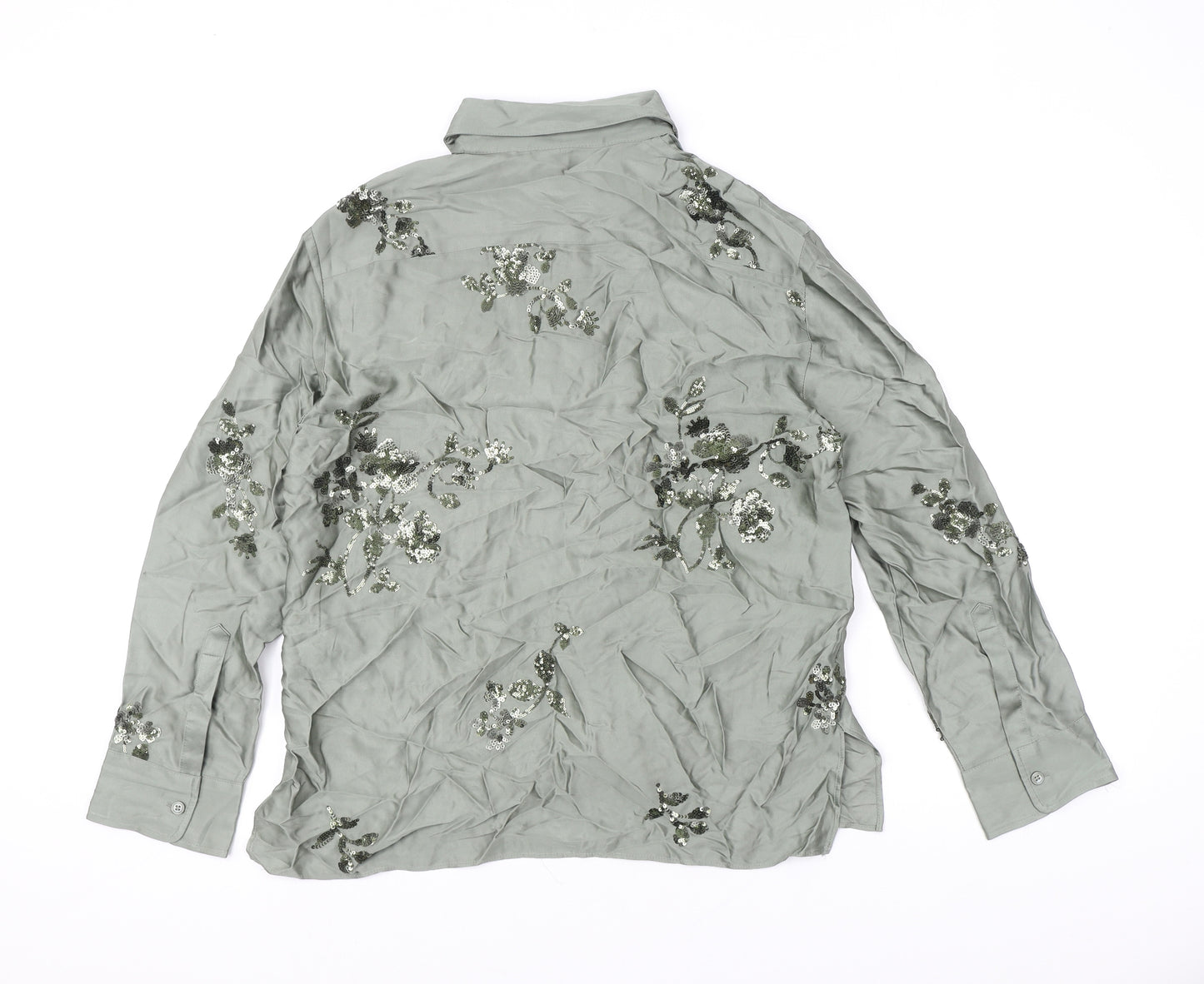 Zara Womens Green Viscose Basic Button-Up Size S Collared - Embellished