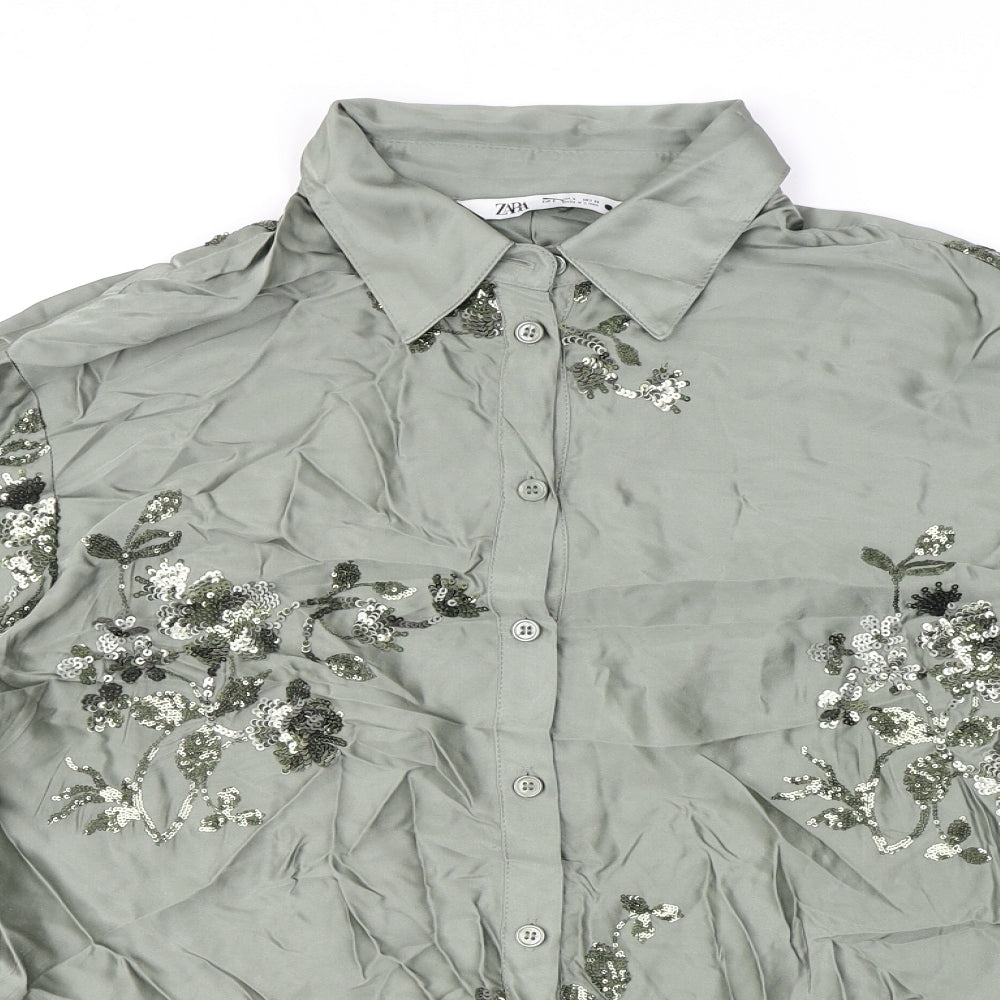 Zara Womens Green Viscose Basic Button-Up Size S Collared - Embellished