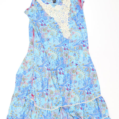 Manui Womens Blue Geometric Silk A-Line One Size Round Neck Pullover - Lace Details