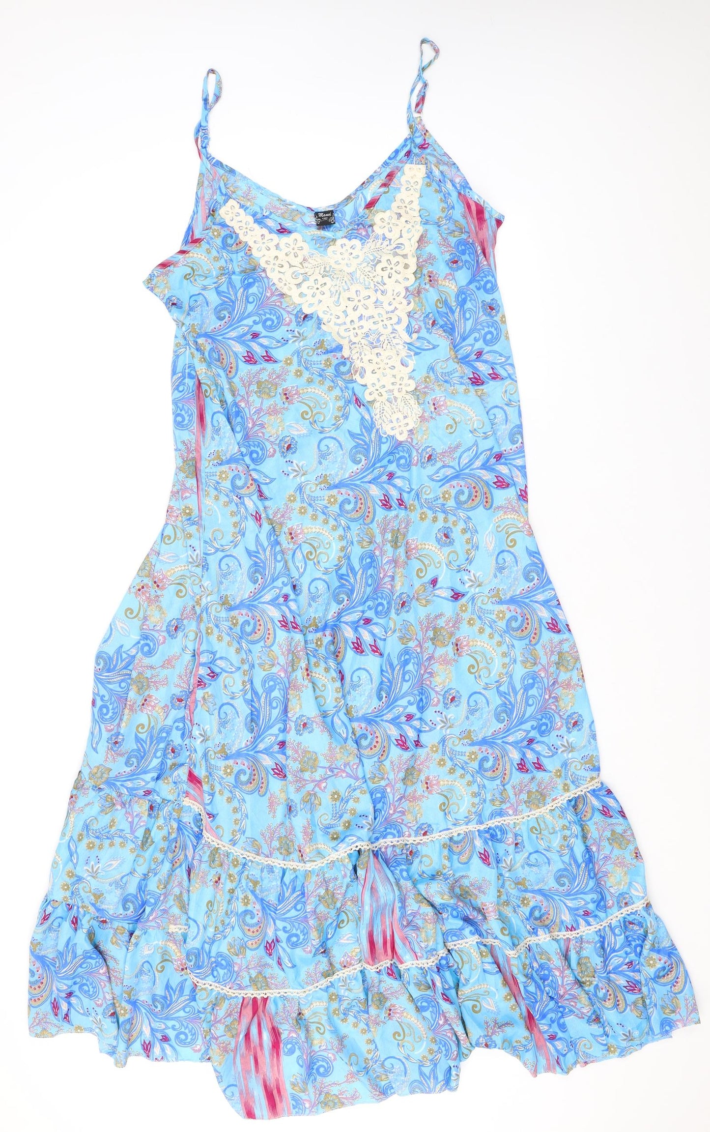 Manui Womens Blue Geometric Silk A-Line One Size Round Neck Pullover - Lace Details