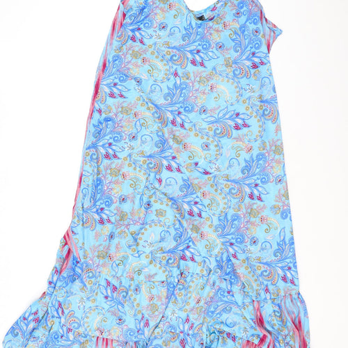 Manui Womens Blue Geometric Silk A-Line One Size Round Neck Pullover - Lace Details